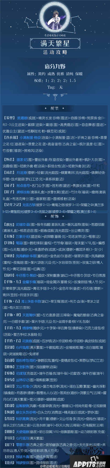 奇迹暖暖宿分九野高分搭配